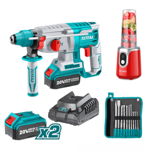 COMBO TOTAL TOSLI23061 (MÁY KHOAN PIN 20V TRHLI202287 + BỘ 8 MŨI KHOAN TACSD19101 + MÁY XAY SINH TỐ KMJB022R )