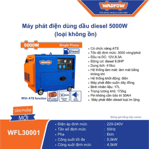 MÁY PHÁT ĐIỆN WADFOW DÙNG DẦU DIESEL 5000W